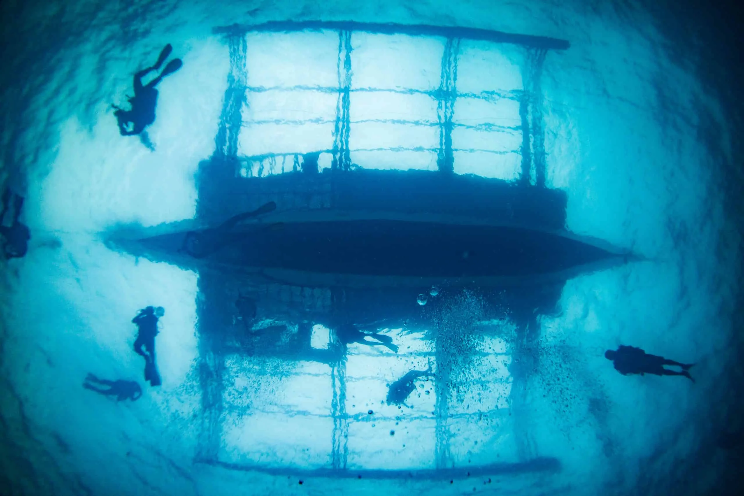 Looking up at the dive boat from depth during a deep dive